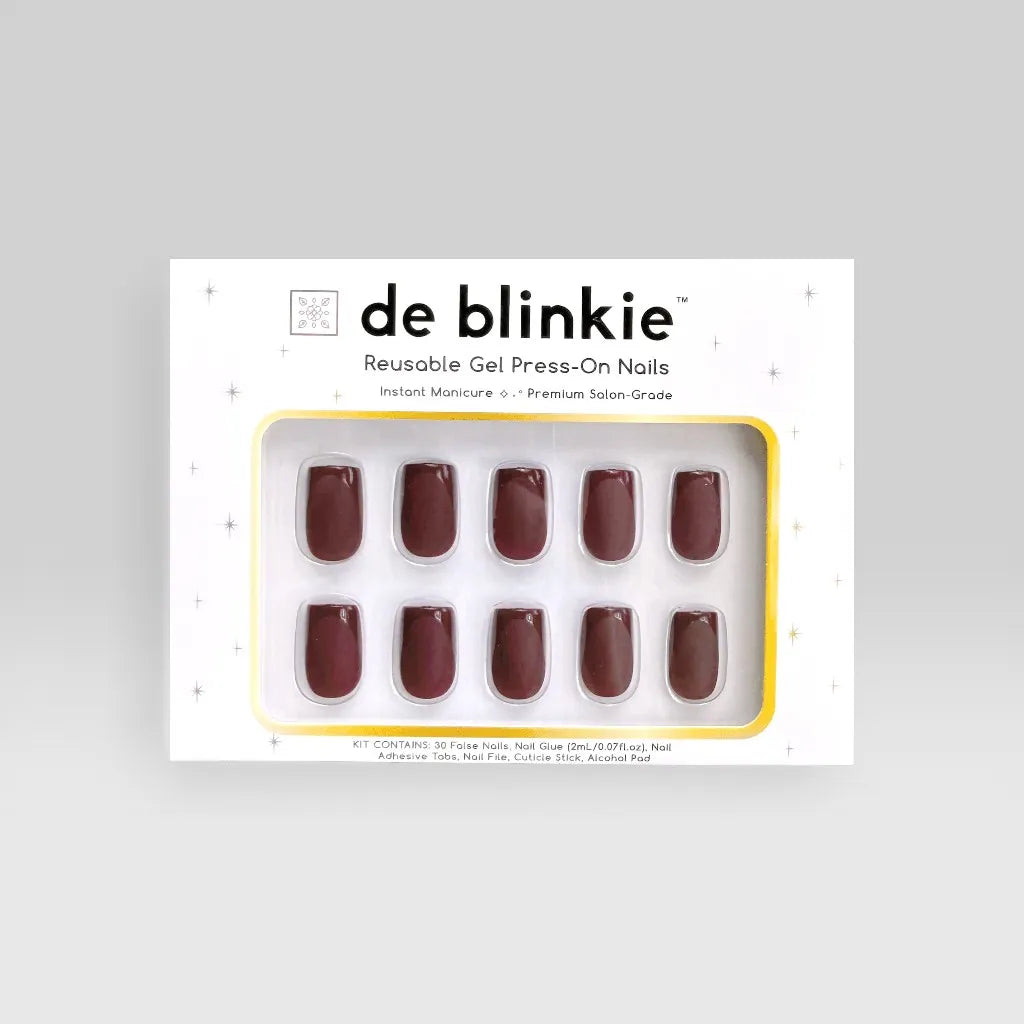 Product box shot showing de blinkie Velvet Bordeaux dark burgundy velvet matte medium square press-on nails against grey background