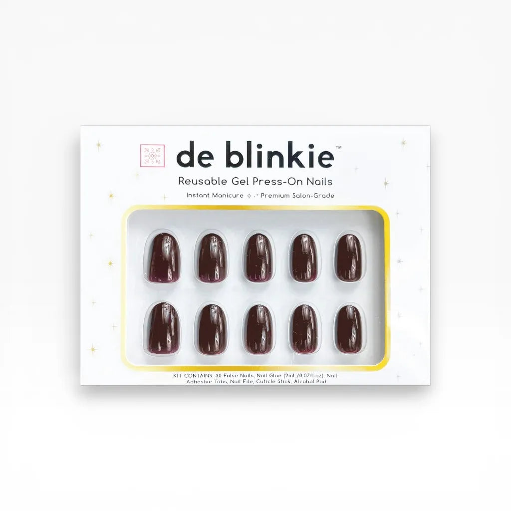 Product box shot showing de blinkie Velvet Noir dark bordeaux high gloss short oval press-on nails against white background